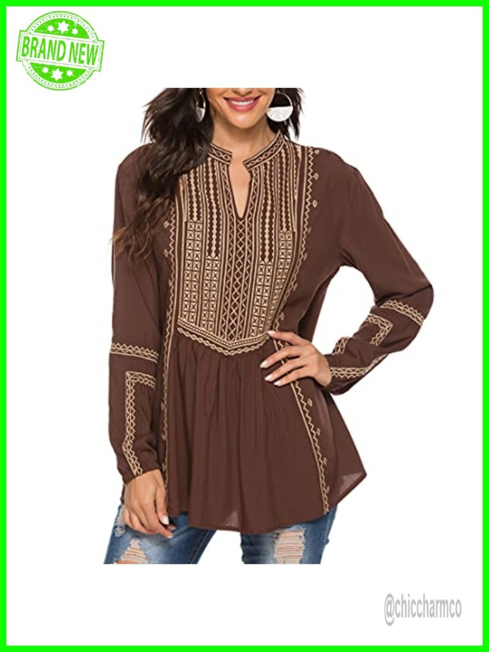Women's Embroidered Mexican Peasant Tunic Top V Neck Loose Blouse